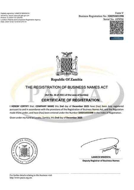 Zambia certificate of business name registration Word and PDF template